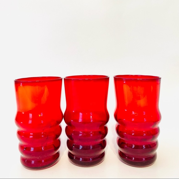 Other - Vintage Red Curvy/Bubble Glass Cups Set of 3